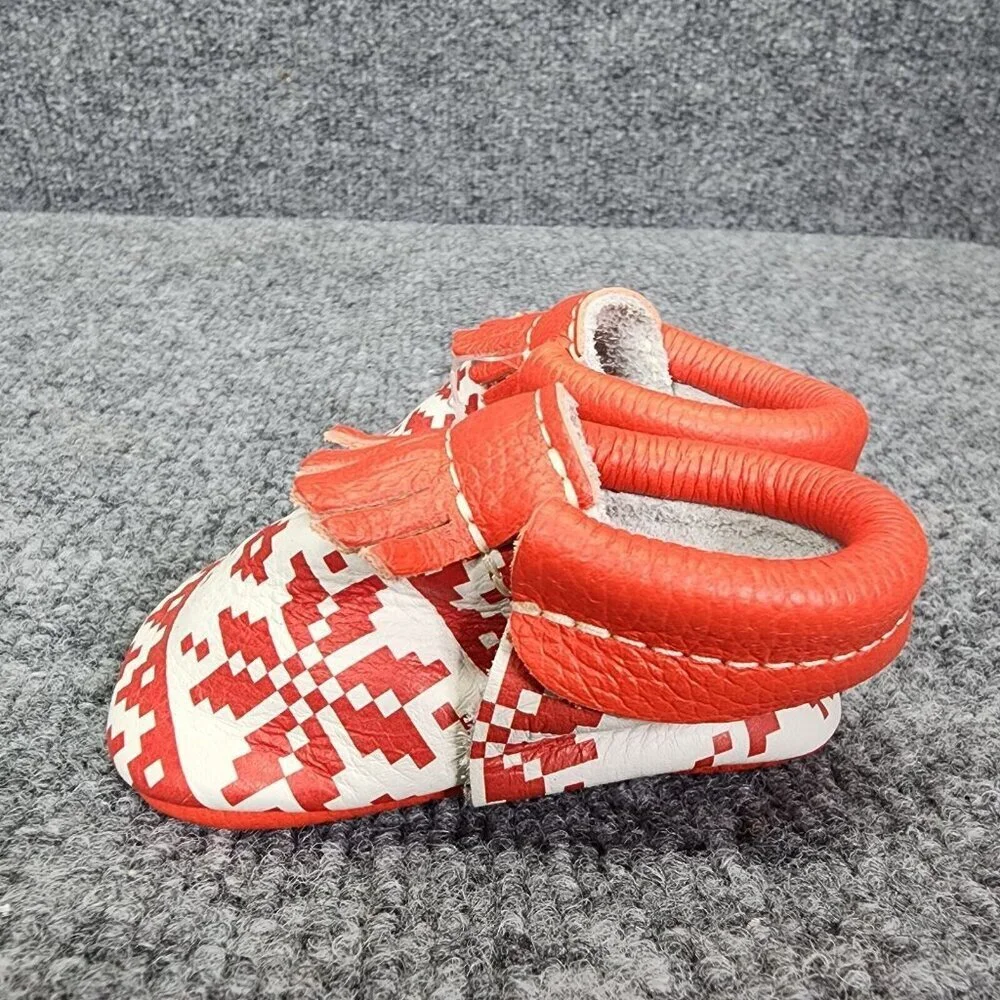 Freshly Picked Baby City Moccasins size 1 Red and white Fringe Leather Christmas